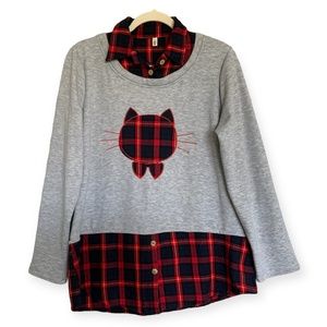 Fleece Lined Flannel Cat Long Sleeve Pullover Gray Red Sweatshirt Size 3XL